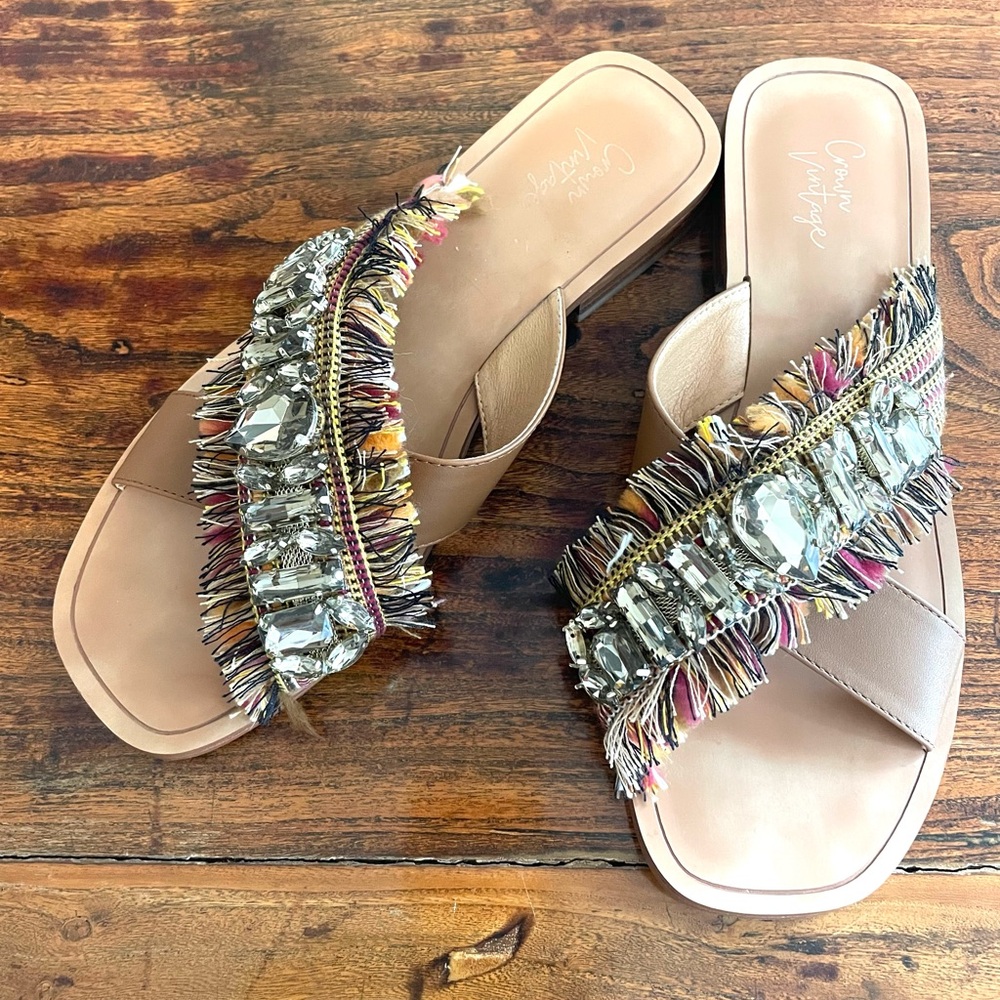 Crown Vintage Tan Fringed Sandals with Crystal Embellishments